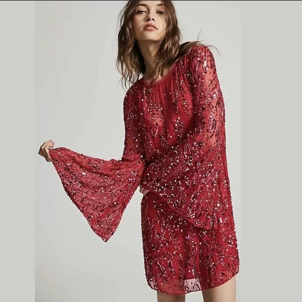 Free People Red Sequin Bell-Sleeve Mini Dress